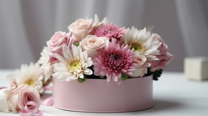 白いテーブルの背景にバラと菊の花とピンクのギフトボックスの美しい花束。休日、誕生日、結婚式、母の日、バレンタインデー、女性の日のギフト。フラワーアレンジメントGenerativeAI