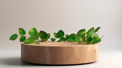 白い背景に影のあるプレゼンテーションや展示会用の自然な丸い木製スタンド。オーガニック化粧品用の緑の葉を持つ3Dの空の表彰台GenerativeAI - 609570566