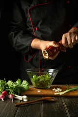 The cook adds pepper to the vegetable salad. Vegetarian food by the hands of the chef in the kitchen. Vegan menu idea for a hotel or restaurant