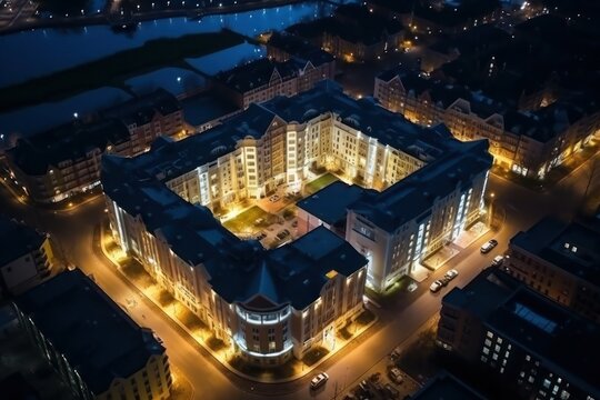 Beautiful buildings with , shot from drone overhead, 32K UHD, night vision. Generative ai