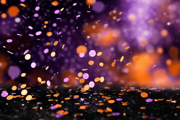 Orange, black and purple round flying confetti with purple bokeh background for Halloween celebration created with AI generative technology