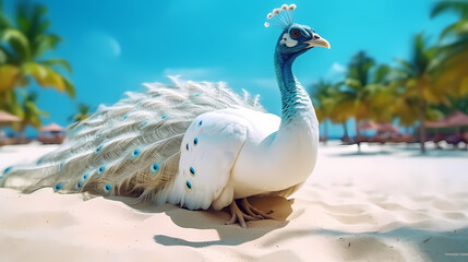 Obraz premium A beautiful peacock on summer beach Generative AI