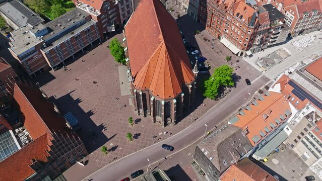 Drone shot of Market Church Hannover ( Marktkirche Hannover ) . It is the main Lutheran church in Hanover, Germany.