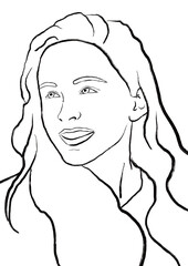 Esquisse d’un visage d’une jeune fille souriante les cheveux long détaché. Réaliste, minimaliste et monochrome 