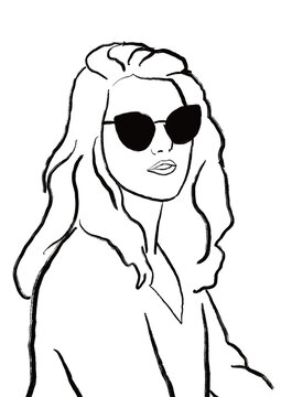 recommend clip art: Esquisse d’une jeune femme portant des lunettes de soleil noir, aux cheveux long et détaché. Réaliste, minimaliste et monochrome 