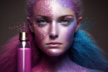 Stunning blonde woman with trendy body glitter spray. Generative AI