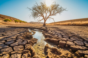Fototapeta na wymiar Withered and cracked riverbed during a severe drought portraying the consequences of water scarcity caused by climate change. Generative AI...