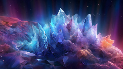 Iridescent, crystalline structures radiating a soft glow in a cosmic setting created with Generative AI technology