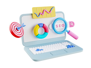 3D SEO Optimization, web analytics and seo marketing social media concept. SEO interface for website strategy and research planing, search engine traffic. 3D rendering