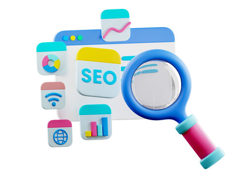 3D SEO Optimization, web analytics and seo marketing social media concept. SEO interface for website strategy and research planing, search engine traffic. 3D rendering