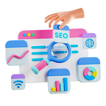 3D SEO Optimization with hand holding, web analytics and seo marketing social media concept. SEO interface for website strategy and research planing, search engine traffic. 3D rendering
