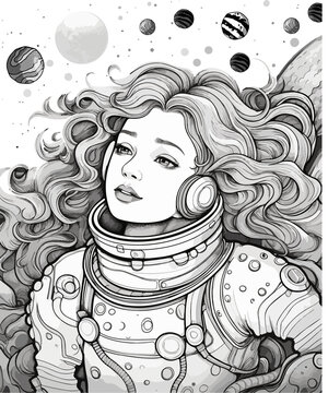 Vector illustration girl a astronaut  in space coloring book for kids and adults black and white isolated on white background. Fairy Tale Alisa in Wonderland.
