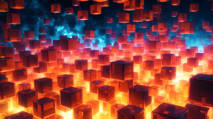 A symmetrical array of floating cubes, each emitting a vibrant, pulsating glow created with Generative AI technology