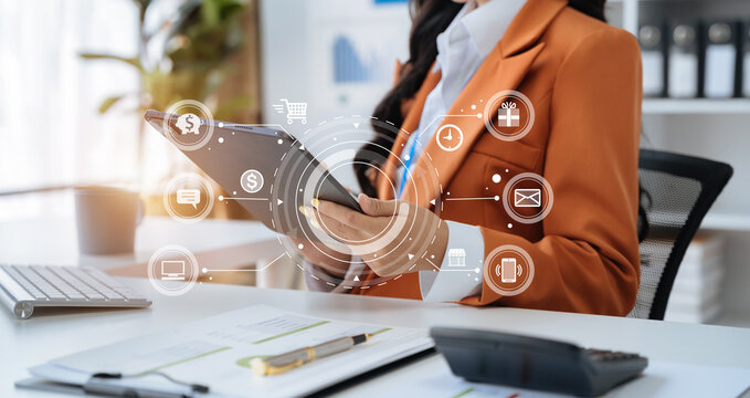 Hand using smart phone, mobile p payments online shopping, omni channel, digital tablet docking keyboard computer.