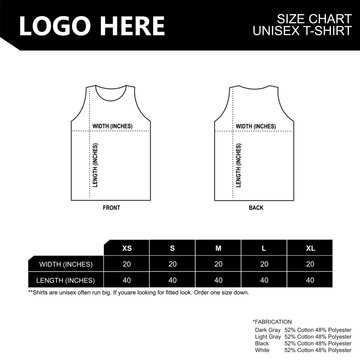 Tank Top size guide of unisex short sleeve sizing chart Table size Front and back views Vector illustration.
