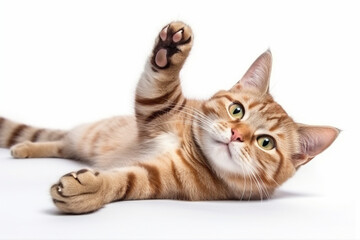 a cute cat is lying down on a white background - obrazy, fototapety, plakaty