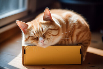 a fat yellow cat sleeping in a cardboard box