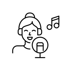 Girl recording a podcast or song at a sound studio. Wearing headphones. Pixel perfect, editable stroke simple icon