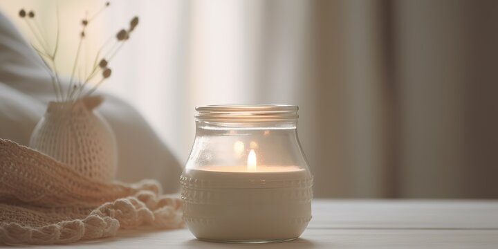 AI Generated. AI Generative. Cozy romantic love valentine xms christmas candle jar flame. Home decoration vibe. Graphic Art