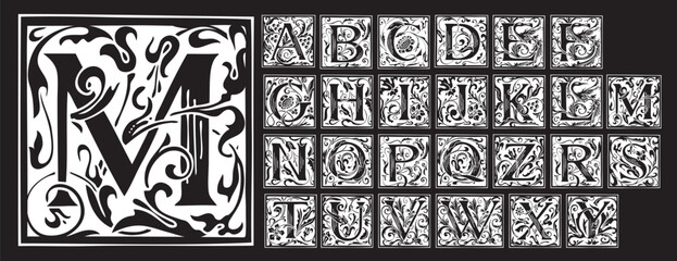 set of hand-drawn medieval, ornate initial alphabet letters © paseven