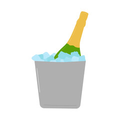 Champagne drink isolated on a white background. A bottle in an ice bucket. Poster, postcard, flyer design. The concept of the holiday. Vector flat illustration.