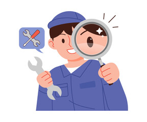 Male repairman character illustration. Repairman holding a magnifying glass and observing.