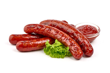 German grilled pork sausages with tomato sauce, close-up, isolated on white background.