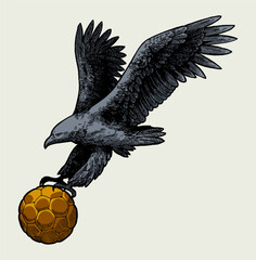 Football eagle. Eagle flying with a soccer ball. Realistic soccer mascot predator bird isolated vector illustration.