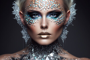 Glamorous model's face adorned with trendy rhinestone makeup. Generative AI - obrazy, fototapety, plakaty