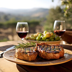 Grilled meat and wine