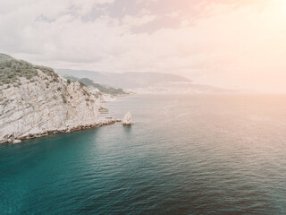 aerial photo of rock Parus Sail and Ayu-Dag Bear Mountain and near Gaspra, Yalta, Crimea at bright...