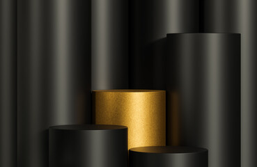 Mockup golden podium for product presentation podium with black cylinder background.,3d model and illustration.