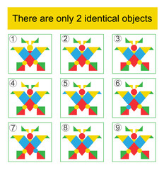 Find two identical objects. Logic game for children. Task for the development of attention. Preschool worksheet activity.
