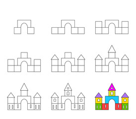 Worksheet easy guide to drawing castle. Simple step by step drawing tutorial for little children.