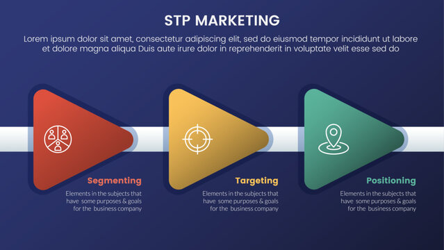 stp marketing strategy model for segmentation customer infographic 3 stages with triangle arrow right direction and dark style gradient theme concept for slide presentation