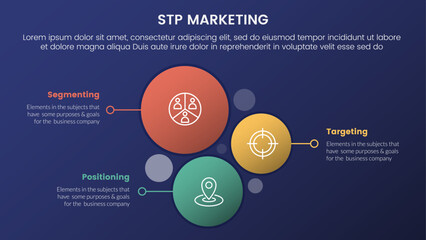 stp marketing strategy model for segmentation customer infographic 3 stages with vertical circle direction and dark style gradient theme concept for slide presentation