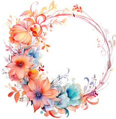 Colorful watercolor style round wreath, PNG background
