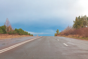 Driving on the asphalt road . Highway view direction