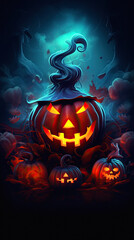 Naklejka premium Halloween carved pumpkin on the porch outside. Evening lights. Professional color grading. ai generative,