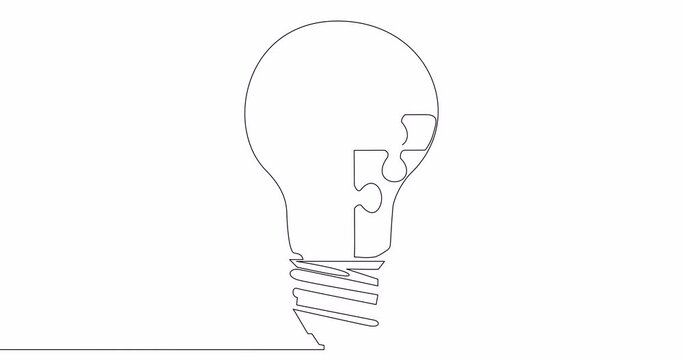 Self drawing line animation lightbulb with piece of puzzle inside continuous one single line drawn concept video