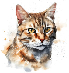 Cat portrait in watercolor style, PNG background
