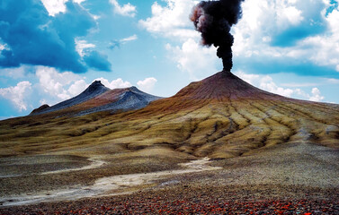 Mud volcanoes. with smoke eruption