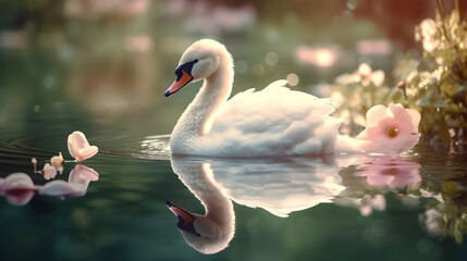 Cute Little White Swan Swimming on the Pond with Reflection on the Surface of Water in the Morning. Generative AI