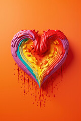 Melting rainbow heart on ornge background. Generative ai