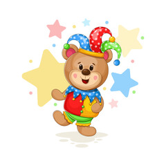 Laughter and Jokes: Bear in a funny costume and colorful jester hat - vector illustration