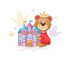 Bear Princess: Magic and joy in a vector illustration of a bear with a crown, dress, and colorful princess castle