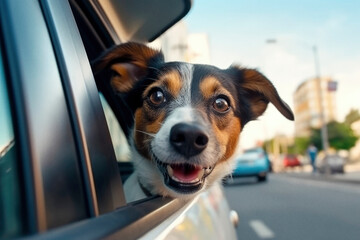 Smiling jack russel terrier dog in car window. Generative ai