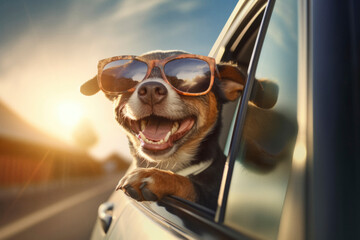 Happy little dog with sunglasses hanging in car window. Generative ai