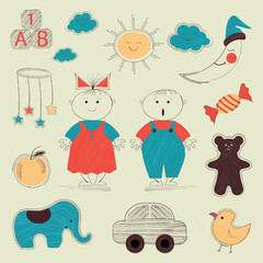 Set. Funny kids and toys. In a hand-drawn style. Vector