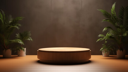 Empty wooden product display podiums with foliage and plants, modern minimalist background with warm, earthy tones. Presentation showcase backdrop for beauty, home, or body products. Generative AI